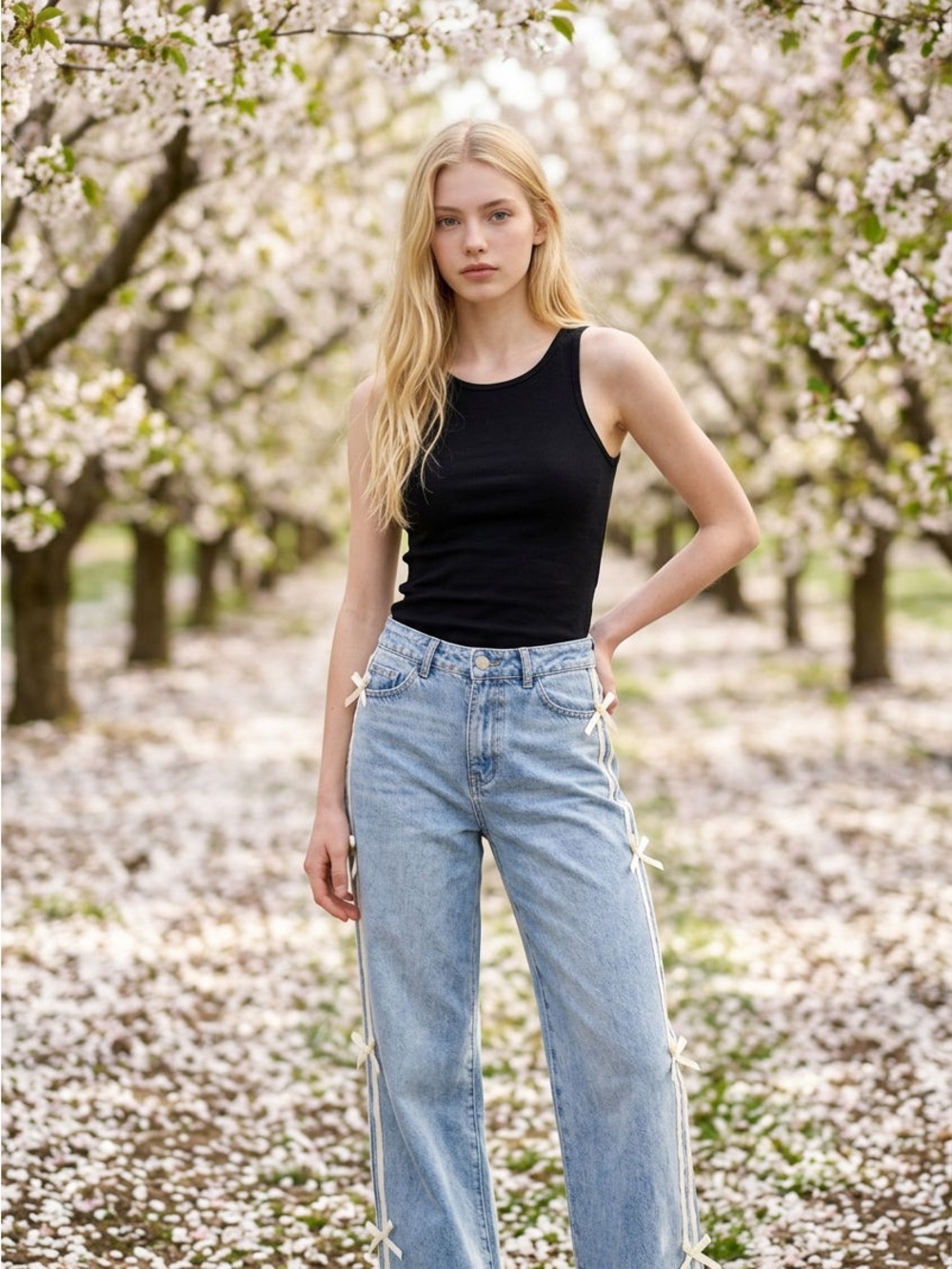 Light Blue Straight-Leg Jeans with Side Ribbon Bows
